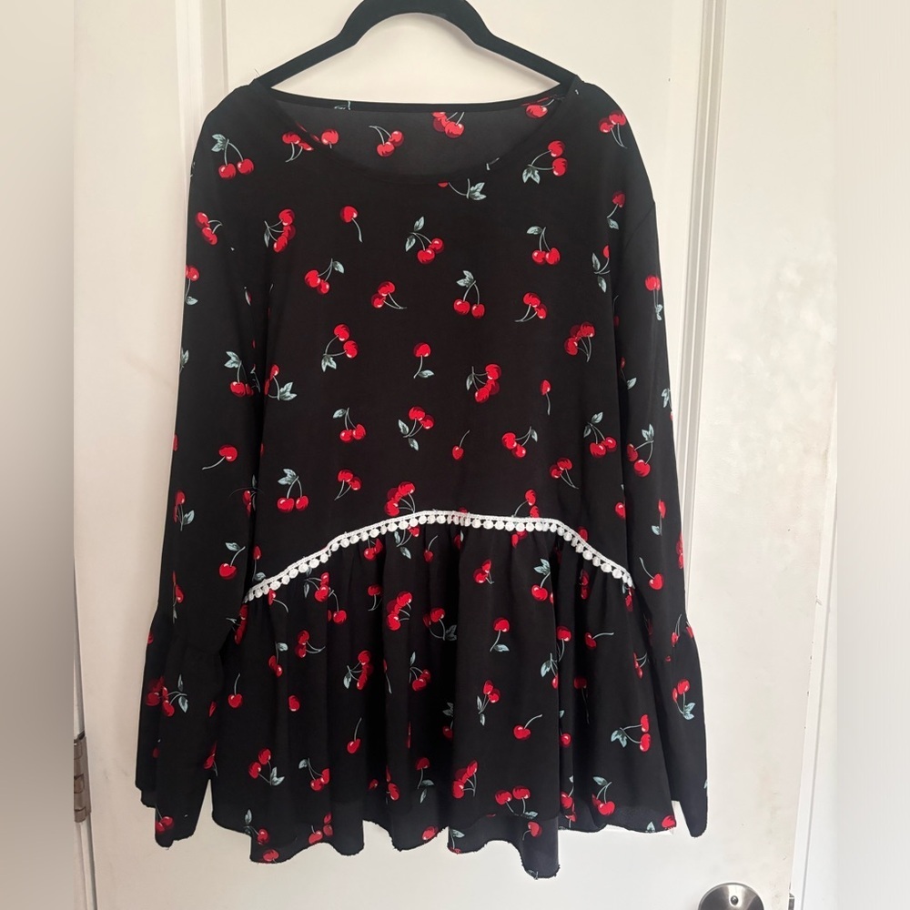 Cherry Print Peplum Blouse – Size 1XL